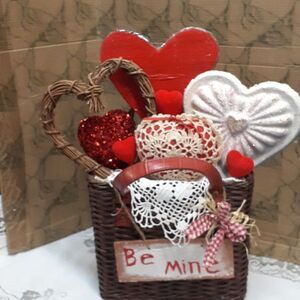 Hand made" Be Mine" basket vintage stick heart, paper mache heart, & red heart.